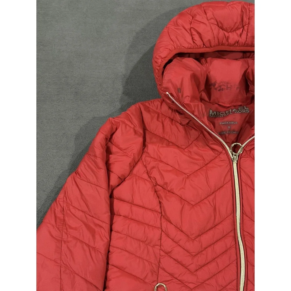 Michael Kors Packable Puffer Jacket Womens Small Red Lined Down Hooded Full Zip